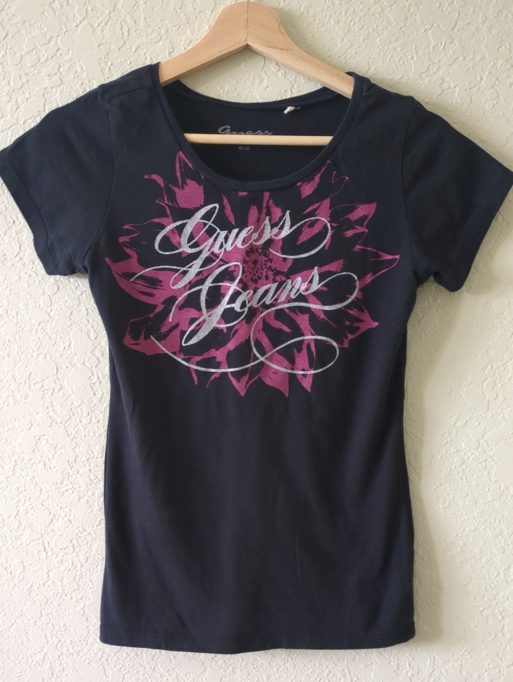 Guess Black Short-Sleeve Tee with Pink Floral Script